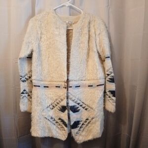 New STYLE Boho Fuzzy Cardigan Sweater S Ivory Blue Pink Southwestern Western